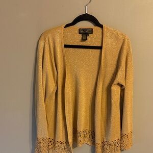 Maurada Open Front Gold Metallic Cardigan. Scalloped Lace Hem. Size large.